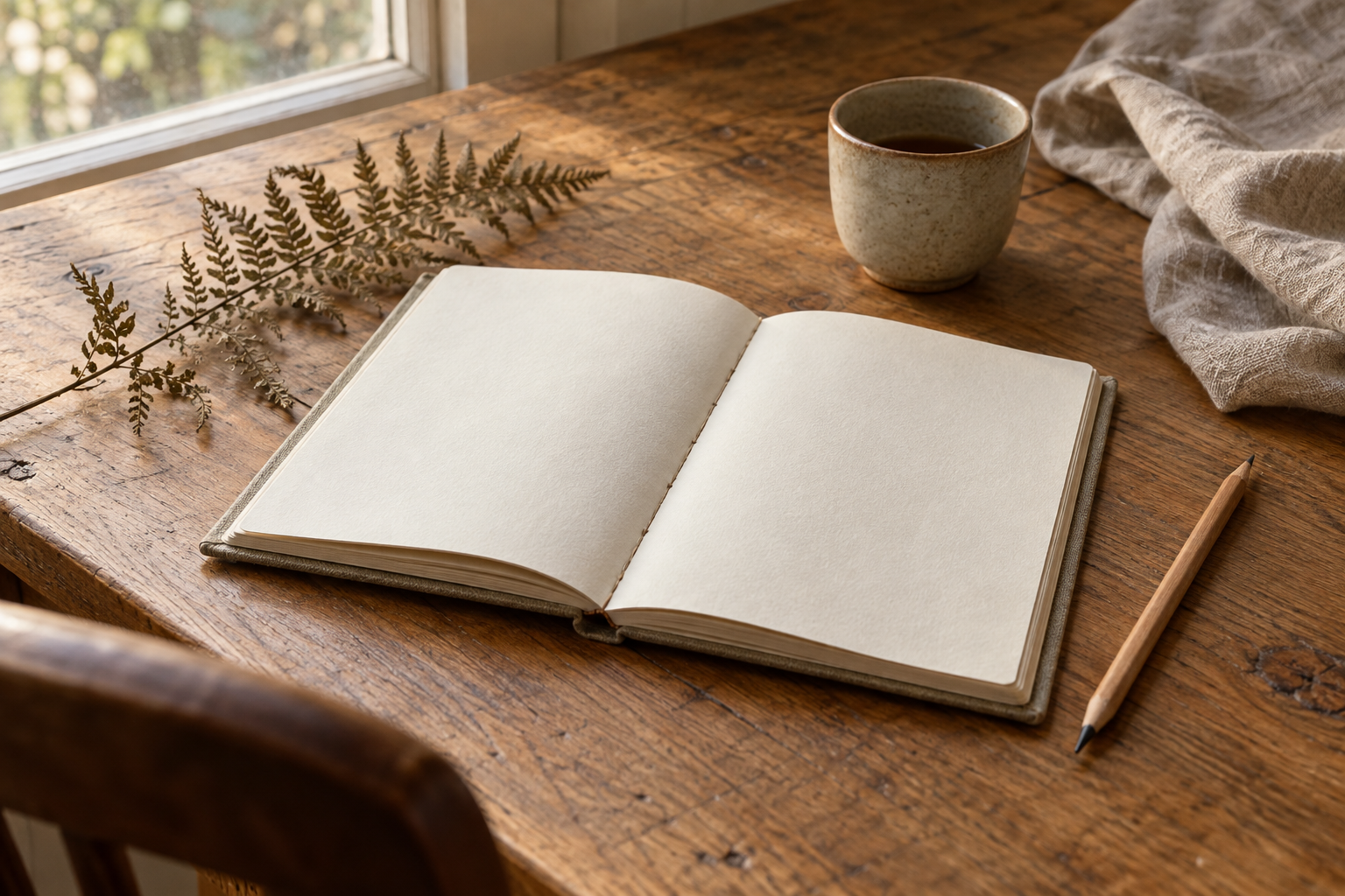 An open blank notebook, pencil and ceramic cup on an oak desk