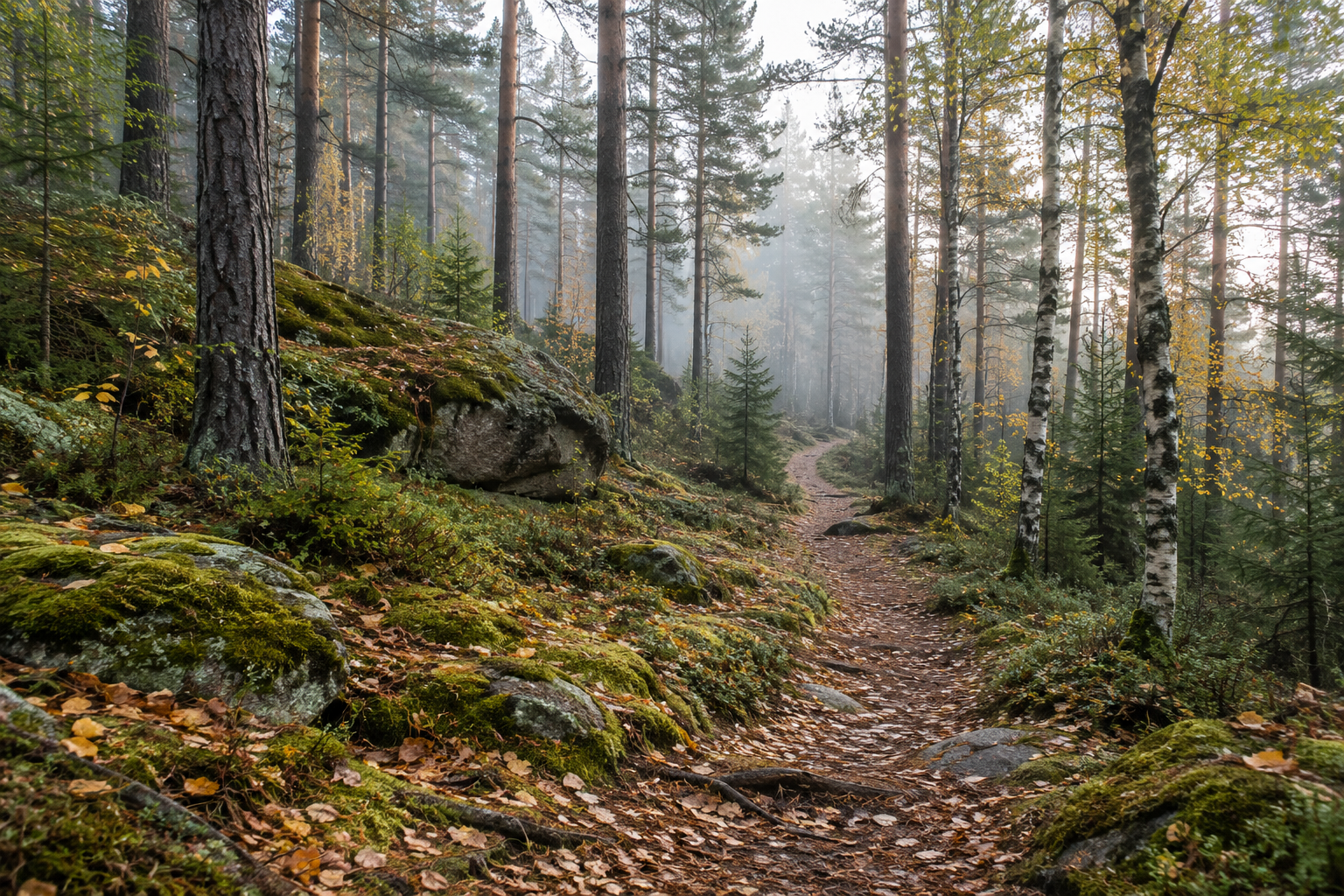 A winding woodland trail among birches, pines and autumn moss